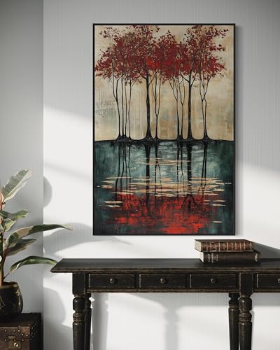 Peinture à l'huile sur toile arbre rouge pour salon moderne et décoration automnale chaleureuse