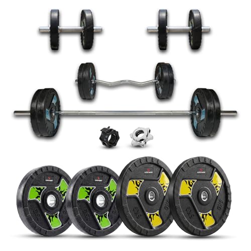 Image of Leeway 10kg Combo | Home Gym Set for Men | Barbell Rod with Plates and Dumbbell Set | Rubber Weight Plates, 3 Ft Curl + 5 Ft Rod (28mm) | Gym Equipments Zym, Jim ka Saman (1, Black, 10kg Set (2.5X4))