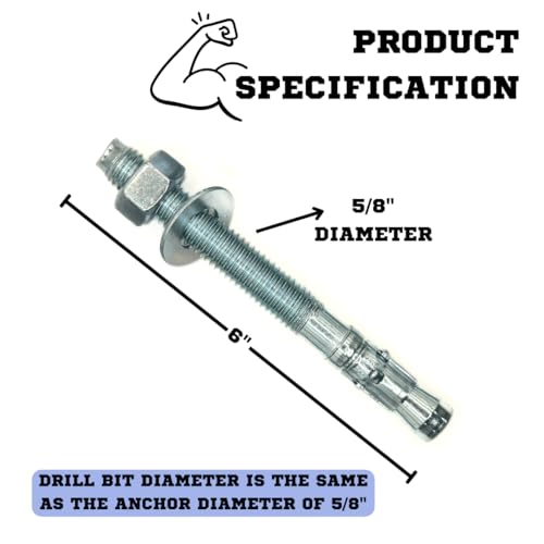 MIGHTY FASTENERS Zinc-Plated Steel Wedge Anchors, 5/8" X 6" - Heavy-Duty Mounting Bolts for Concrete - 25 Pack