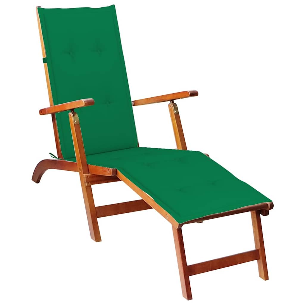 Tumbona plegable de madera de acacia maciza con cojín y reposapiés, silla de jardín ajustable en 3 posiciones para terraza y jardín, carga hasta 110 kg
