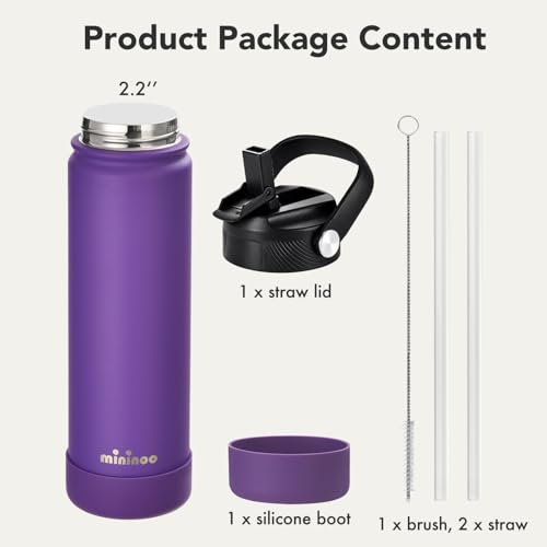 Image of Mininoo 24 oz Insulated Ceramic-Lined Water Bottle with Straw, Purple