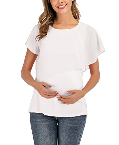 Chiffon Lactancia Tops Parada De Maternidad 2in1 Manga Corta Camiseta Elegante Moda Diseño En Capas Tops Lactancia Ropa Premama Shirts Camisas (Blanco,XXL,XXL)