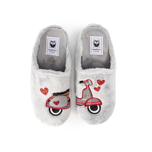 MARPEN SLIPPERS, Zapatillas de Casa de Invierno con Tacón Abiertas de Pelo Suave para Mujer, Mariquita Gris y Rojo, Talla 40