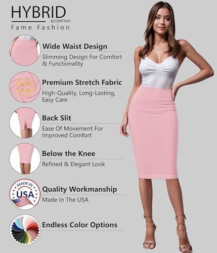 Image of Hybrid & Company Women's Premium Nylon Ponte Stretch High Waist Pencil Suit Skirt Below Knee