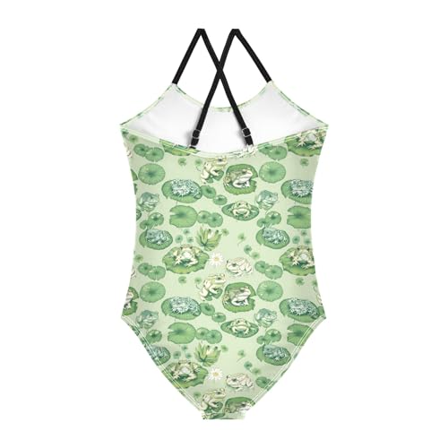 senya Girls Swimsuits One-Piece Swimwear Tie Bathing Suit Beach Summer Round Neck 5-6T Lotus Leaf Frog Pattern2