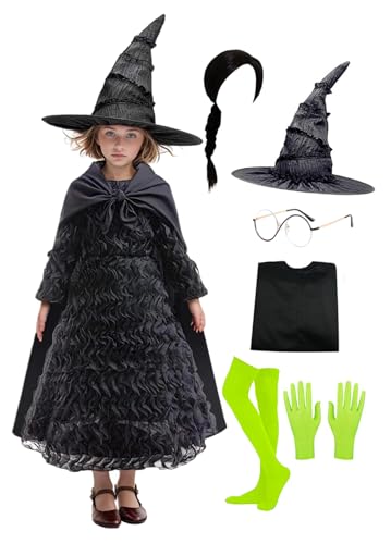 Halloween Girls Classic Witch Black Ruffled Dress with Pointed Hat Cape Glasses Green Gloves Stockings for Kids