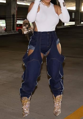 Women's Patchwork Cut Out Jeans Y2K Trendy High Waist Straight Leg Stretchy Ripped Denim Pants Streetwear2