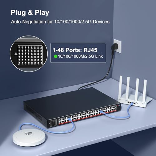 Image of 48-Port 2.5G Unmanaged Ethernet Switch, VunLink 48x2.5Gbps RJ45 Multi-Gig Network Switch, 240Gbps Switching Capacity, Plug & Play, Rackmount Switch for Enterprise, NAS, Surveillance, Office Network