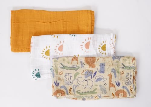 Image of Muslin Swaddle Blankets for Baby, 3 Pack, Floral and Solid Patterns (Mustard)