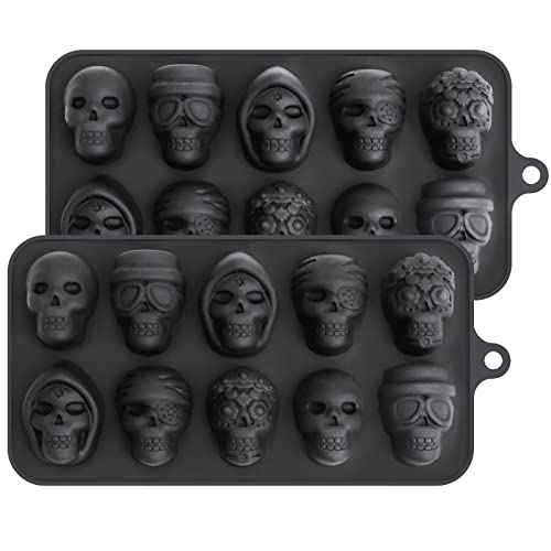 Webake Skull Chocolate Mold with 5 Different Shapes Silicone Skeleton Mold for Halloween Chocolate Candy Jello Ice Cube Treats Pack of 2