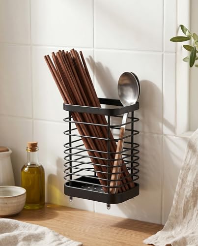 Image of Draining Holder, Stainless Steel Utensil Drying Rack Wall Mount No Drilling with for Kitchen Chopsticks (Black L(350ml))