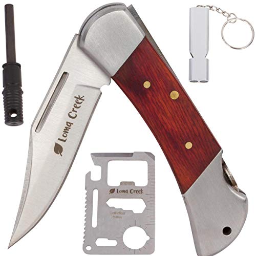 Kids Pocket Knife & Camping Essentials Kit - Multi-Tool Card, Whistle & Fire Starter in a Carrying Case. Easy Close Safety Lock on Knife. Great First Pocket Knife - Made to Last a Lifetime