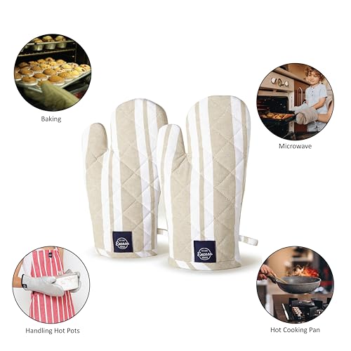 Image of Encasa XO Oven Gloves for Microwave (2 pc Set) - Heat Proof, Thick & Safe | Longer 18x30 cm Mittens for Protection in Kitchen Cooking & Baking - Franca Beige Stripes