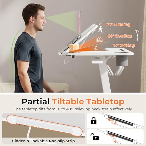 Image of JOY worker Mobile Standing Desk for Treadmill, 31.5 inch Small Pneumatic Height Adjustable Walking Pad Desk, 40 Foldable Rolling Bike Trainer Stand Table on Wheels with Cup Holder & Towel Rack, White