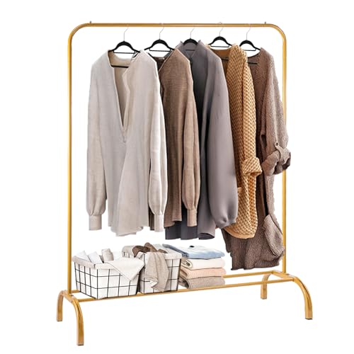 Shoze kleiderstange Kleiderständer Stabil Freistehender Kleiderbügel Trockengestell Metall Bekleidungsschiene mit Unterem Lagerregal kleiderstangen Garderobenständer für Home Schlafzimmer(Gold)