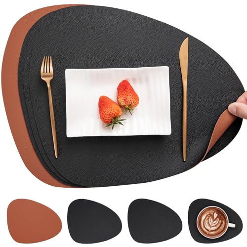 Myir JUN Set de Table en Cuir et Dessous de Verre, Antidérapant Double Face Set de TableLavable Imperméables Set Table Plastique (Noir Marron)