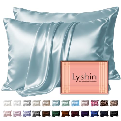 Image of LYSHIN Silk Pillow Cases 2 Pack Standard Size with Zipper, Haze Blue | 19 Momme Mulberry Silk Pillowcase for Skin and Hair, Anti-Acne, Hypoallergenic, Cooling, Beauty Sleep, Gifts for Women