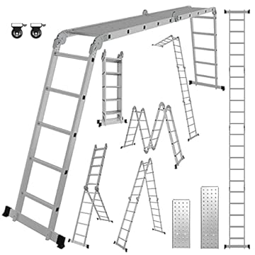 Ikodm Scala multiuso 4 x 5 gradini 5,82 m, 7 in 1, in alluminio, fino a 150 kg, con 2 ruote per il trasporto e 2 piattaforme, scaletta pieghevole in alluminio