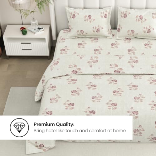 Image of Rivermoor 144 TC Cotton Bedsheet for Double Bed | Queen Size Bed Sheet with 2 Pillow Covers | Beige Floral Pattern | 90 x 100 Inches