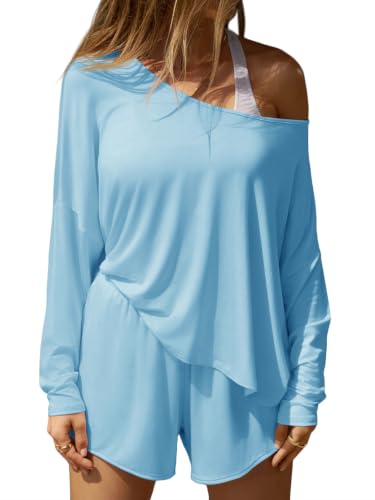 Fisoew Womens 2 Piece Long Sleeve Off Shoulder Tops and Shorts Lounge Sets