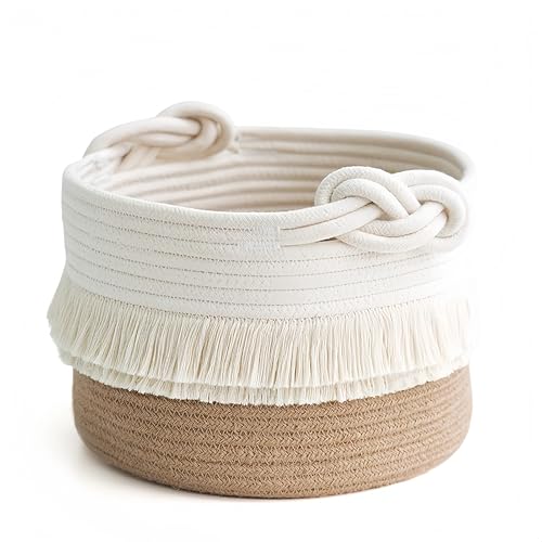 LilyDECO Cesta decorativa de cuerda de algodón para decoración de guardería, pequeña y bonita borla tejida, organizador para juguetes de bebé, revistas, cubierta de plantas en maceta, sala de estar,