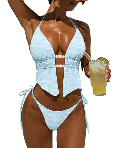 Image of ZAFUL Halter Swimsuits for Women Textured Backless 2 Piece Bathing Suits Cheeky High Cut String Tie Side Bikini Sets