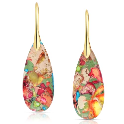 LumaBria Natural Healing Crystal Teardrop Earrings for Women, Copper Hook Dangle Drop Stone Boho Jewelry, Lightweight Aesthetic Gifts Everyday Wear