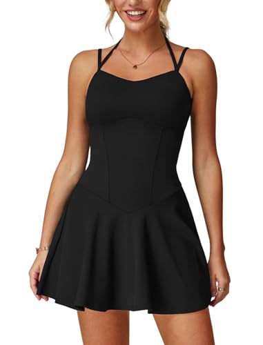 Womens Tennis Dress with Built-in Bras & Shorts Spaghetti Strap Backless V Neck Yoga Golf Athletic Dresses for Women Ruffled Hem Mini A-line Slim Fit Active Exercise Workout Dress Black S