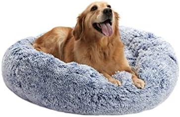 Calming Donut Dog Bed, 36 Inches Round Fluffy Dog Beds for Large Dogs, Anti-Anxiety Plush Dog Bed, Machine Washable Pet Bed (Navy Blue, Large)