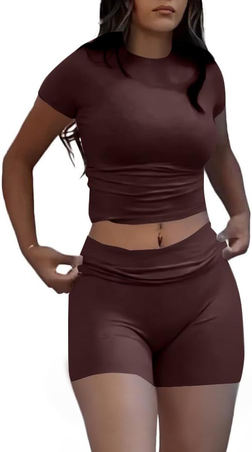 AYWA Women's Two Piece Sets Summer Slim Fitted Short Sleeve Tops Foldover Shorts Matching Lounge Sets