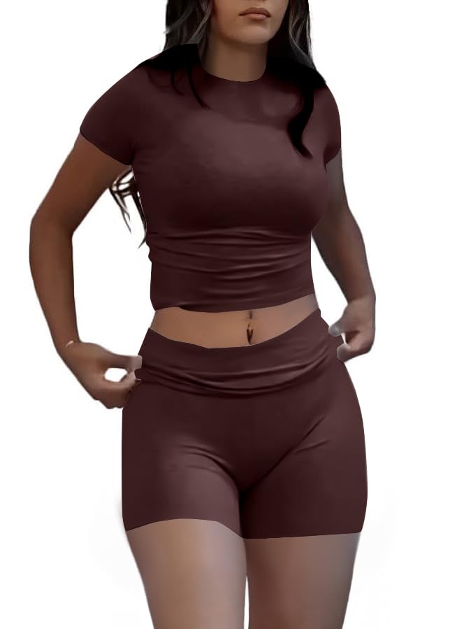 Image of AYWA Women's Two Piece Sets Summer Slim Fitted Short Sleeve Tops Foldover Shorts Matching Lounge Sets