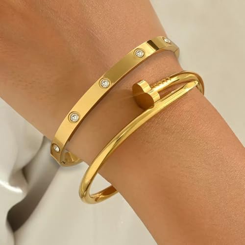 18K Gold Plated Love Nail Bangle Bracelet Set Stackable Dupes Stainless Steel Bangle Set for Love Trendy Jewelry4