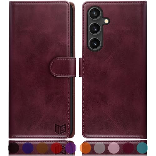 Coque S25 Plus en cuir synthétique haut de gamme style portefeuille chic rouge vin SUANPOT