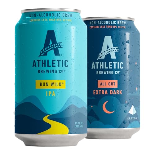 Athletic Brewing Company Craft Non Alcoholic Beer, Vegan IPA & Extra Dark Brew, Low Calorie Brews, 6 Run Wild, 6 All Out, 12 Pack, 12 FL Oz Cans