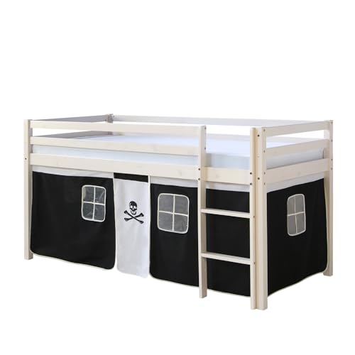 Homestyle4u Hochbett Pirat 90x200 cm mit Vorhang & Lattenrost, Pirattenbett weiß schwarz Holz Kinderbett mit Leiter, Artikel 2538