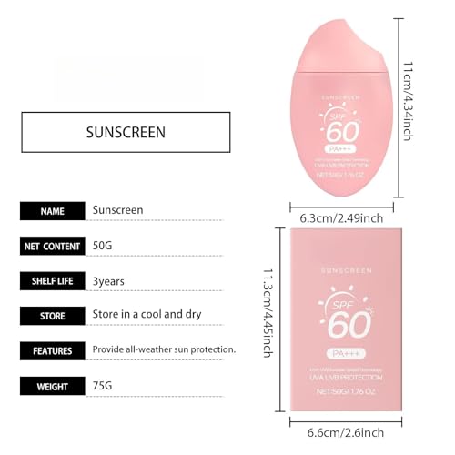 Generic SPF 60 PA+++ Broad Spectrum Sunscreen, Hydrating Brightening UV Protection Cream with Centella Asiatica & Niacinamide, Lightweight Non-Greasy for Face & Body, Suitable for All Skin Types, 50G