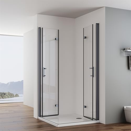 IMPTS Duschkabine Schwarz 70x90cm Eckeinstieg Falttür Doppel Drehfalttür Rahmenlos Faltdusche 180º Duschabtrennung Faltbar 6mm NANO ESG Sicherheitsglas Höhe 195cm, OHNE Duschwanne