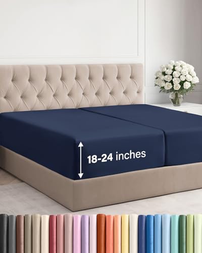 Image of Extra Deep Split King Fitted Sheet - Single Fitted Sheet Only - Navy Blue | Easily Fits 18 inch to 24 inch Mattress, Soft, Wrinkle Free, Breathable & Comfy, Extra Deep Pockets Hotel Luxury Fitted Sheet