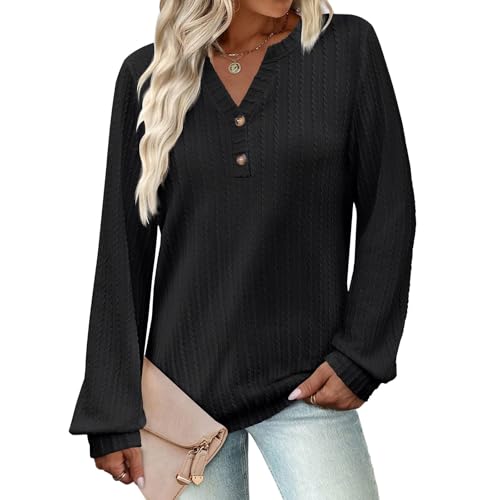 MZRAN Blusa funcional de manga larga con cuello en V para mujer, ajuste holgado, color sólido, ideal para eventos sociales, camisa con botones para mujer, Negro, M