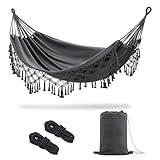JoyView Boho Macrame Double Hammock with Hanging Ropes & Elegant Tassels 86.6x59 Portable Cotton Hammock for Patio Backyard Porch 450LBS Weight Capacity Perfect for Outdoor/Indoor - Dark Grey