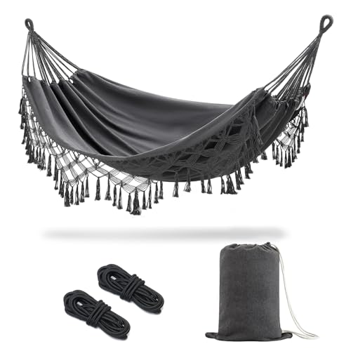 Image of JoyView Boho Macrame Double Hammock with Hanging Ropes & Elegant Tassels 86.6x59 Portable Cotton Hammock for Patio Backyard Porch 450LBS Weight Capacity Perfect for Outdoor /Indoor - Dark Grey