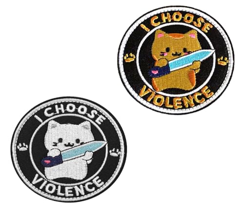 2 parches divertidos de gato con texto en inglés I Choose Violence para ropa, mochila, chaqueta, chaleco, sombrero, bolsa, motociclista, uniformes, brazalete, pantalones, aplique de gancho y bucle