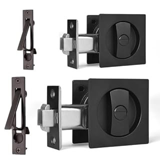 Dontay 2 Pack Pocket Door Privacy Lock, Flush Handles, 2-3/8" Backset, (Bed/Bath) Latch, Recessed Knob, Hardware for 1 3/8” to 2 3/16” Thickness Door (Including Edge Pull, Matte Black, Square)