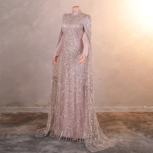 Datangep Luxury Pearl Prom Dresses Long Sleeves Mermaid Evening Dress High Neck Trumpet Formal Party Gowns3