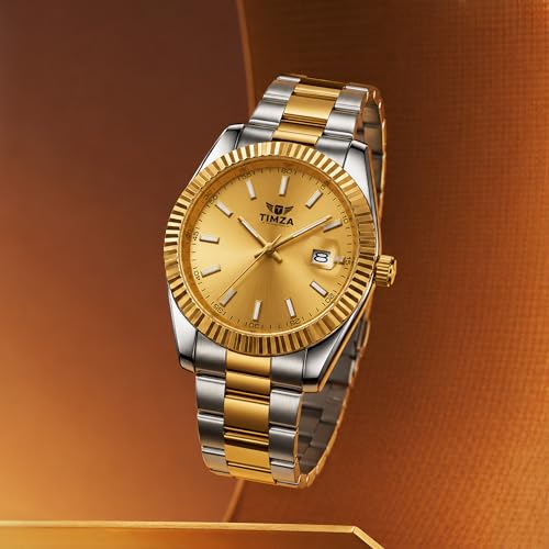 Image of Men's Analog Watch with Gold Sunray Dial, Fluted Bezel, Stainless Steel Two Tone Strap, Date Display & Quartz Movement