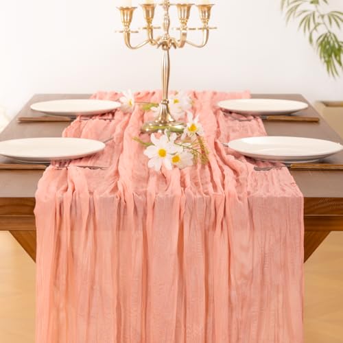 Image of Socomi 2pcs Coral Peach Easter Spring Cheesecloth Table Runner Boho Rustic Gauze 120 inch 10FT Cheese Cloth Runner for Wedding Party Baby Shower Birthday Home Decor Holiday Decorations
