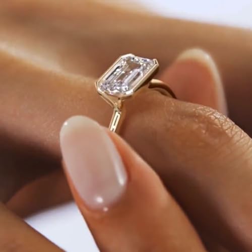 2 Ct Emerald East West Diamond Dainty Half Bezel Set Solitaire Promise Ring Elegant Engagement Rings For Women 14K Yellow Gold Plated 925 Sterling Silver Handmade Wedding Ring Gift For Her3