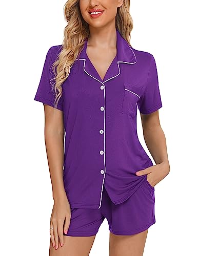 Image of Pjmlifecoco Women's Modal Pajama Set Short Sleeve Button Down Two Piece Soft Sleepwear with Shorts Loungewear S-XXL