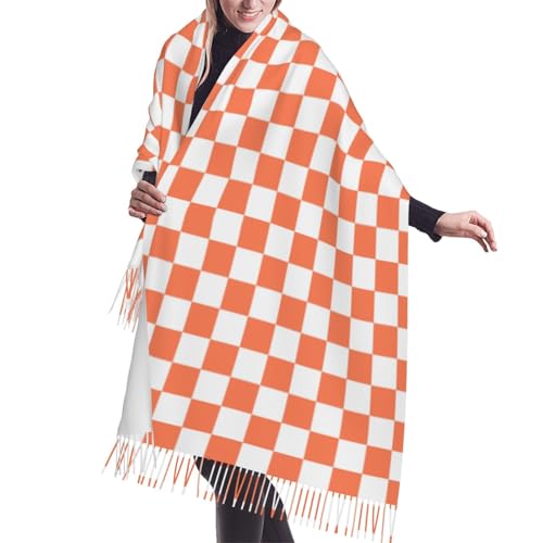White Orange Checkerboard Print Pashmina Shawls Scarf Wraps for Women, Fall Winter Scarves Large Blanket Scarf - Main Image