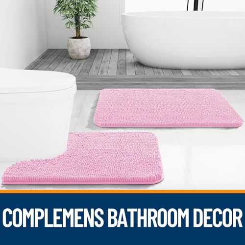 Image of OLANLY Bathroom Rugs Sets 2 Piece, Soft Absorbent Chenille Bath Mats and U-Shaped Contour Toilet Mat Area Rug Set, Machine Washable Bath Carpet, Home Decor Accessories(47 inchx20 inch+24 inchx20 inch, Pink)